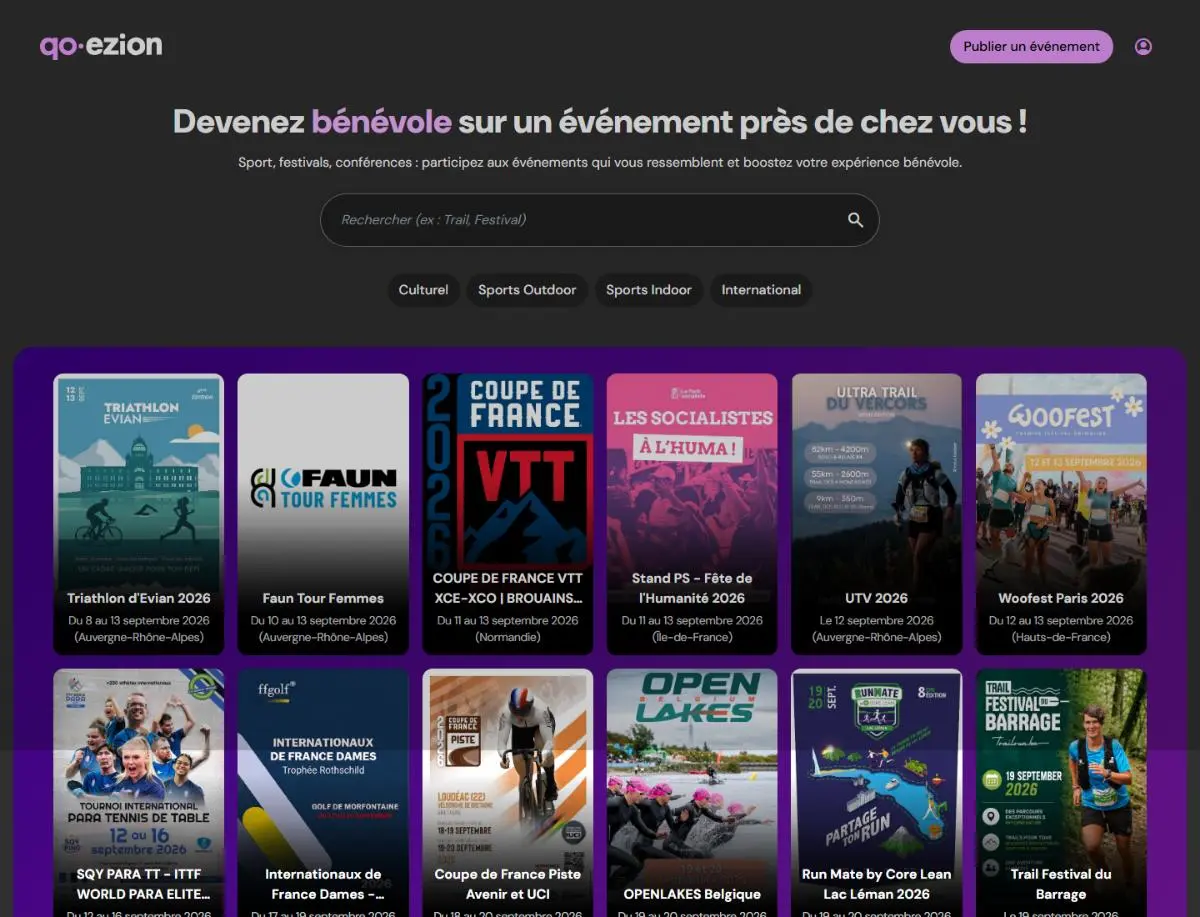 La page d'accueil de qoezion.com : les événements qui recrutent des bénévoles, par sport et par région