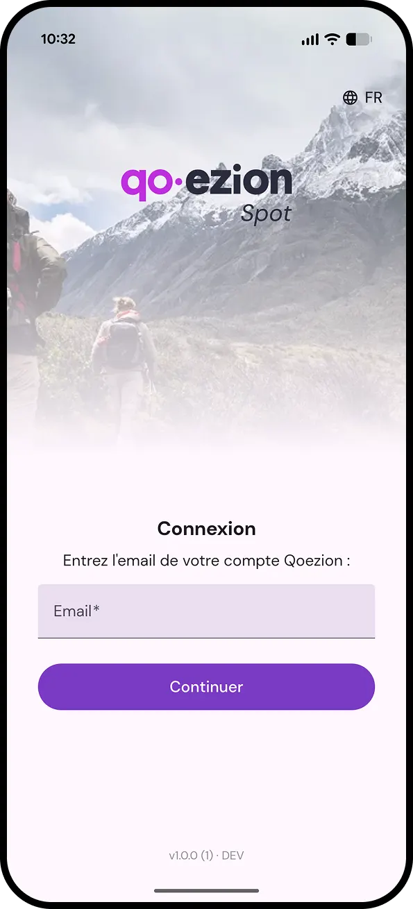 The sign-in screen of the Qoezion Spot app